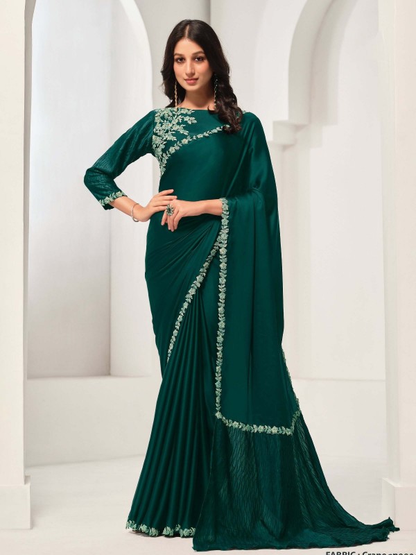 Peacock Green Crepe Satin Silk Saree